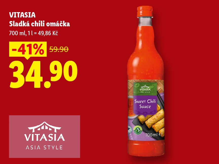 Vitasia Sladká chilli omáčka, objem 700 ml, ve slevě 41 % za 34,90 Kč místo původních 59,90 Kč.