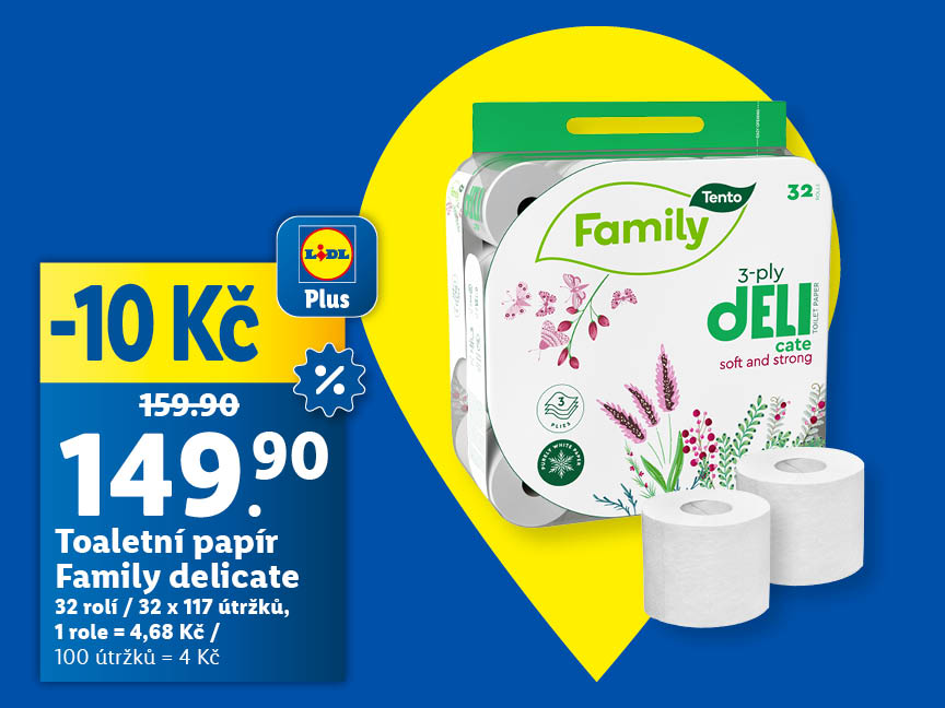 Toaletní papír Family delicante, cena s aplikací Lidl Plus je 149,90 Kč
