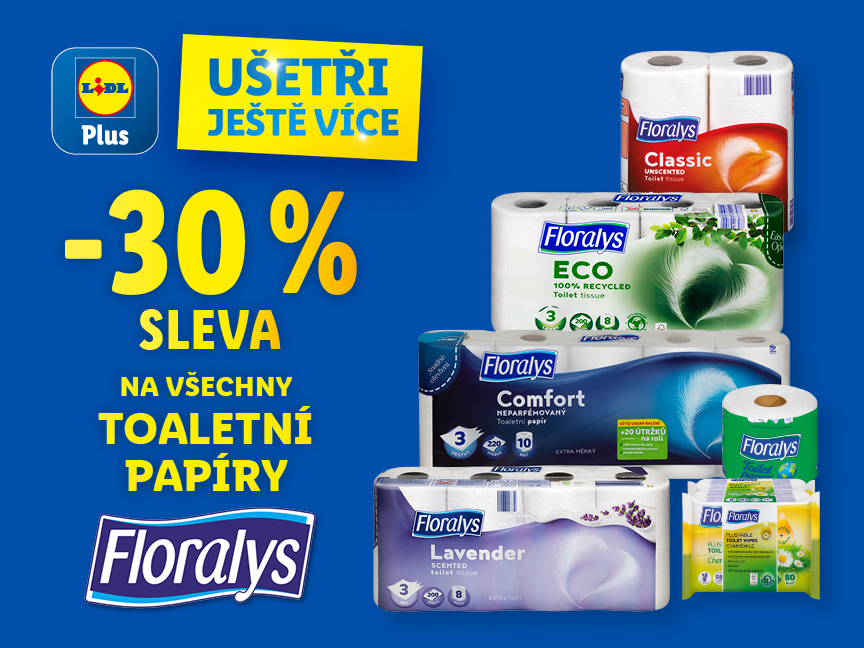 30% sleva na všechny toaletní papíry, v pravé části obrázku je ukázka několika produktů. Tato sleva platí pouze s aplikací Lidl Plus.