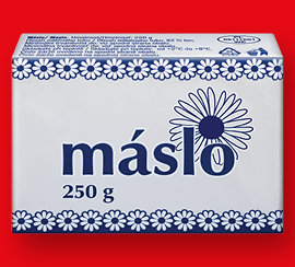 Máslo, cena za 250 g balení je 37,90 Kč.