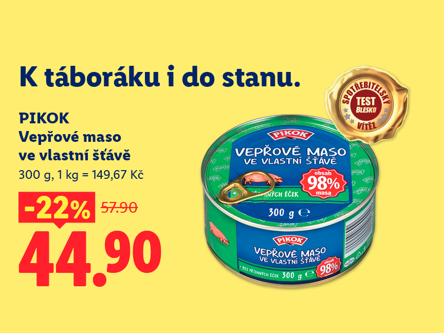 PIKOK Vepřové maso ve vlastní šťávě, 300 g za 44,90 Kč.