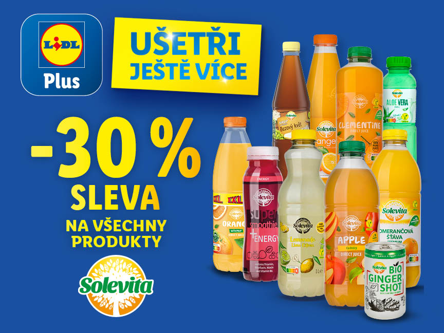 30% sleva na všechny produkty značky Solevita, v pravé části obrázku je ukázka několika produktů této značky. Tato sleva platí pouze s aplikací Lidl Plus.
