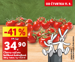 Cherry rajčata keříková koktejlová, cena za 400 g balení je 34,90 Kč.