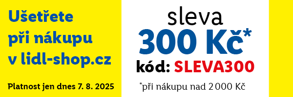 Modro žlutý banner, který upozorňuje na slevu 300 Kč při nákupu nad 2000 Kč na lidl-shop.cz při zadání kódu SLEVA300.