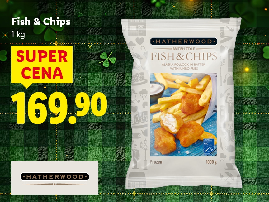 Fish & Chips, cena za 1 kg je 169, 90 Kč.