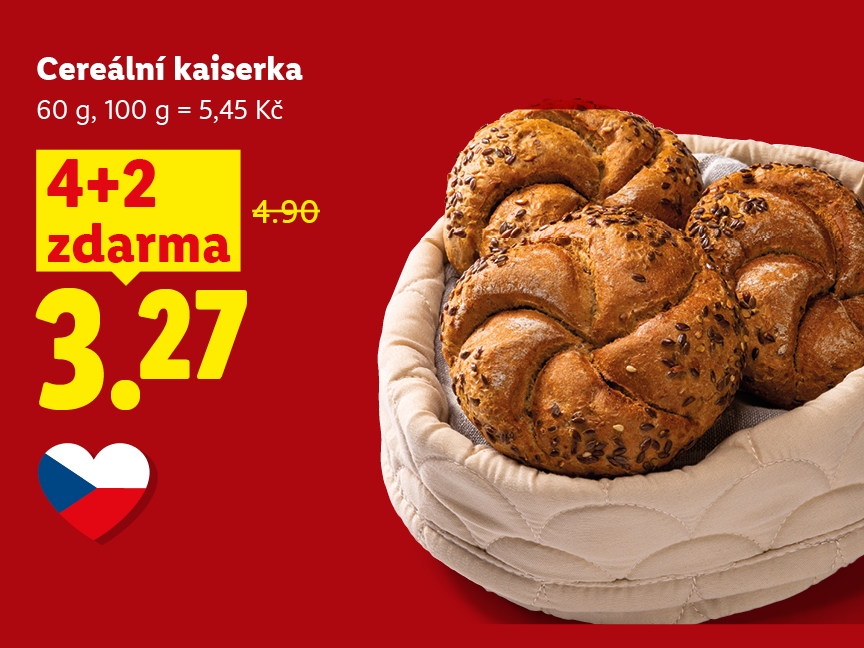 Cereální kaiserka, 4+2 zdarma za 3,27 Kč (původní cena 4,90 Kč).