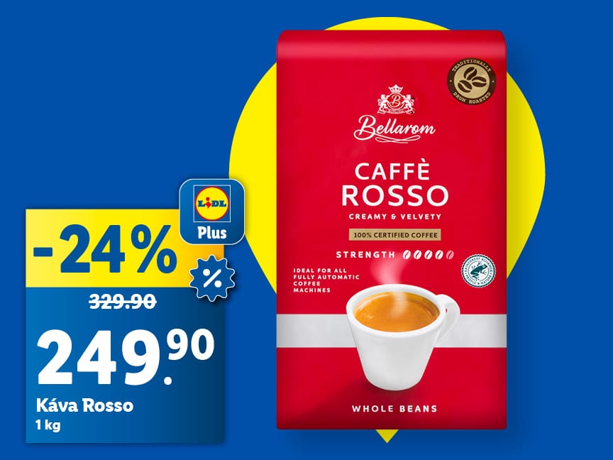 Červený balík kávy Rosso na modrém pozadí za akční cenu s aplikací Lidl Plus 249,90 Kč