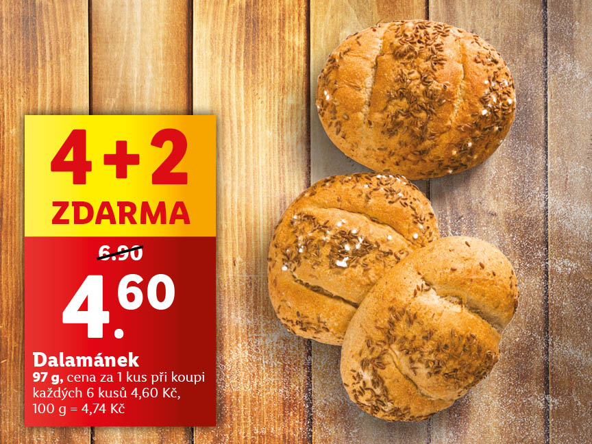 4 dalamánky na dřevěném pozadí, cena při koupi dalších 6 kusů je 4,60 Kč.