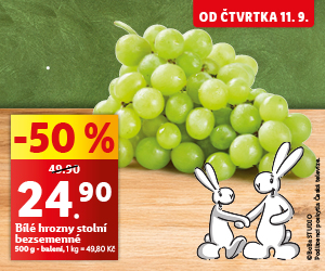 Bílé hrozny stolní bezsemenné, cena za 500 g balení je 24,90 Kč.