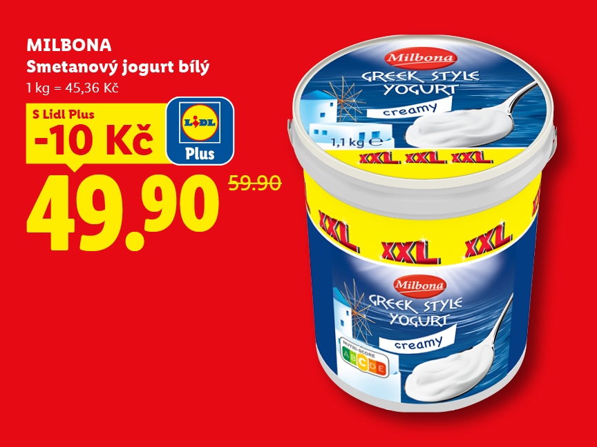 Akční nabídka s Lidl Plus: Milbona Smetanový jogurt bílý, řecký styl, XXL balení 1 kg. Sleva 10 Kč, akční cena 49,90 Kč (běžná cena 59,90 Kč). V prodejnách od 4. 6., sekce Kulinářské speciality v řeckém stylu.