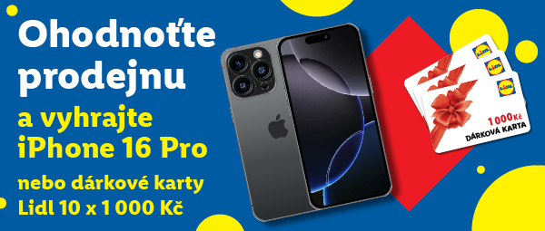 Modrý banner s bílo žlutým textem a iphonem upozorňující na možnost ohodnotit prodejnu a vyhrát iphone nebo dárkové karty Lidl