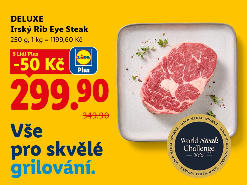 DELUX Rib Eye Steak za 299, 90 Kč s Lidl Plus.