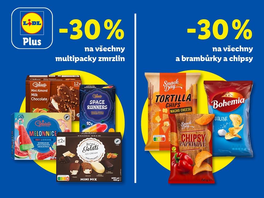 Sleva 30 % na všechny multipacky zmrzlin a na všechny brambůrky a chipsy od pátku v Lidlu.