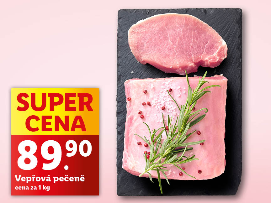 Vepřová pečeně, cena za 1 kg je 89,90 Kč.