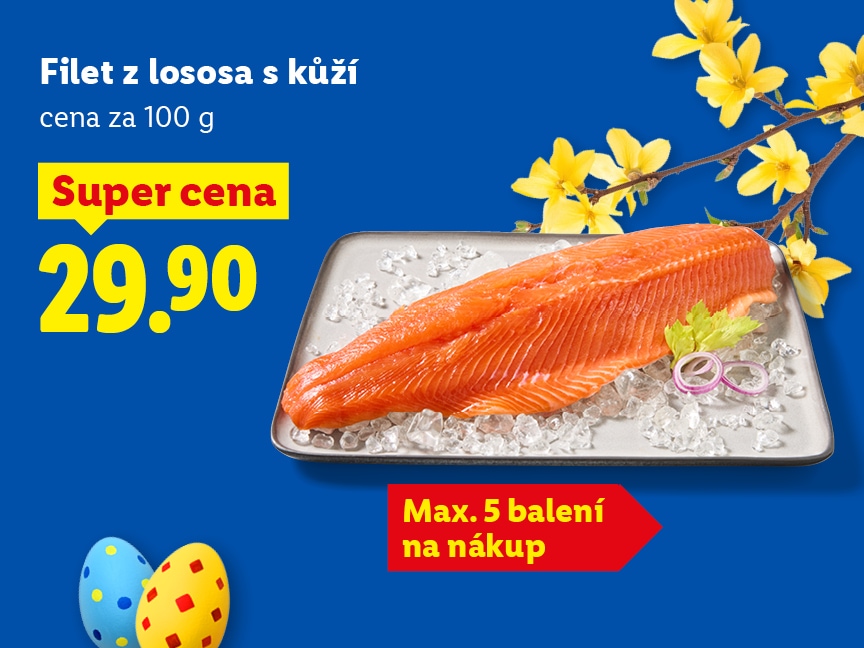 Filet z lososa s kůži, cena za 100 g je 29,90 Kč