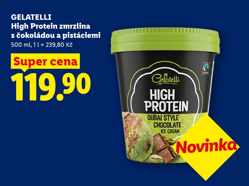 High protein zmrzlina s čokoládou a pistáciemi za super cenu 119,90 Kč.