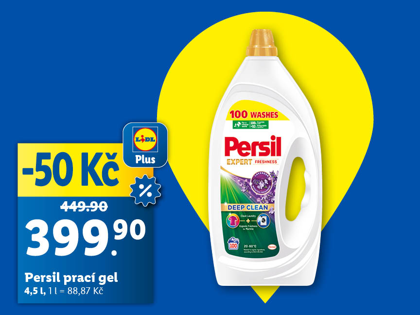 Bílá plastová lahev pracího gelu Persil, lahev je na modrém pozadí za akční cenu s aplikací Lidl Plus, která je 399,90 Kč.