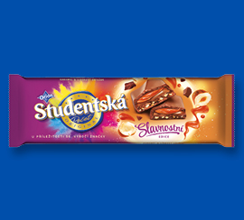 Barevná tabulka čokolády Studentská pečet a modrém pozadí.