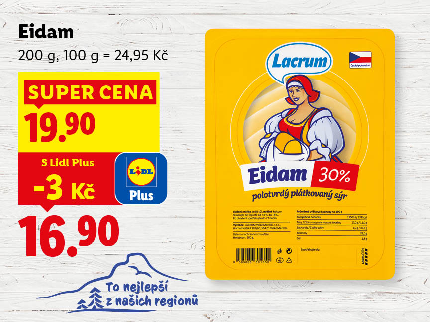Eidam, cena s aplikací Lidl Plus je 16,90 Kč, bez 19,90 Kč