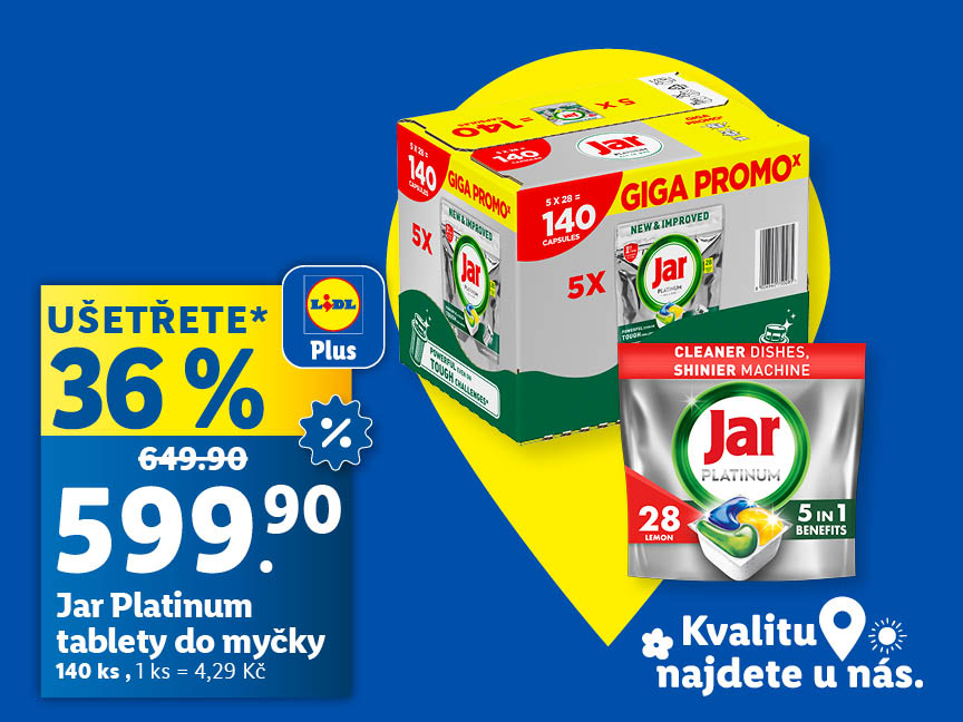 Jar Platinum tablety do myčky, cena s aplikací Lidl Plus je 599,90 Kč