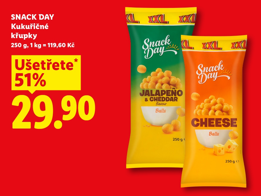 SNACK DAY Kukuřičné křupky za 29.90 Kč.