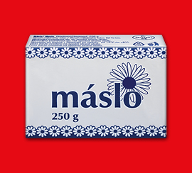 Máslo v lesklém balení s červeným pozadím, cena za balení 38,90 Kč