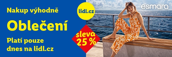 Letní móda na lidl.cz se slevou 25 % pouze dnes 9.6.2026. Na obrázku je žena v oranžovém vzorovaném overalu u moře.