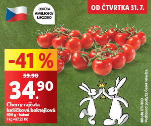 Na obrázku jsou rajčata, za nimi je zelené pozadí. V levé části je červená cenovka. V pravé části obrázku jsou postavičky Bob a Bobek. Cena za 400 g balení je 34,90 Kč