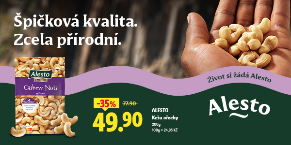 Reklamní banner Lidl na Alesto Kešu ořechy s mottem „Špičková kvalita. Zcela přírodní.“. Na levé straně je zobrazeno 200g balení přírodních kešu ořechů Alesto Selection a v pravém horním rohu detail lidské dlaně držící hrst kešu ořechů. Uprostřed je výrazná žlutá sleva -35 % s akční cenou 49,90 Kč (původní cena 77,90 Kč). V pravém dolním rohu je logo značky Alesto a slogan „Život si žádá Alesto“ na tmavě zeleném pozadí s fialovou vlnou.
