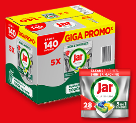 Jar Platinum tablety do myčky, cena se slevou 31 % za 140 ks je 649,90 Kč