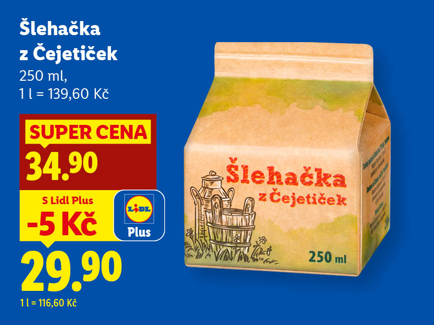 Šlehačka z Čejetiček, cena s aplikací Lidl Plus je 29,90 Kč