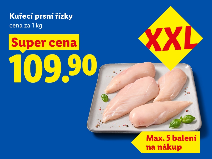Kuřecí prsní řízky, cena za 1 kg 109,90 Kč