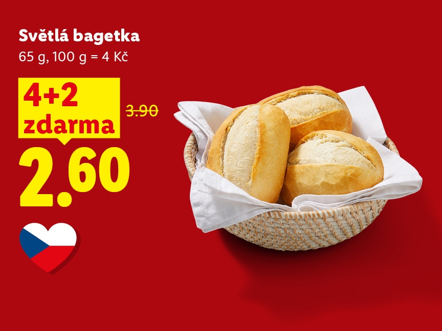 světla bagetka za 2,60 Kč, 4+2 kusy zdarma