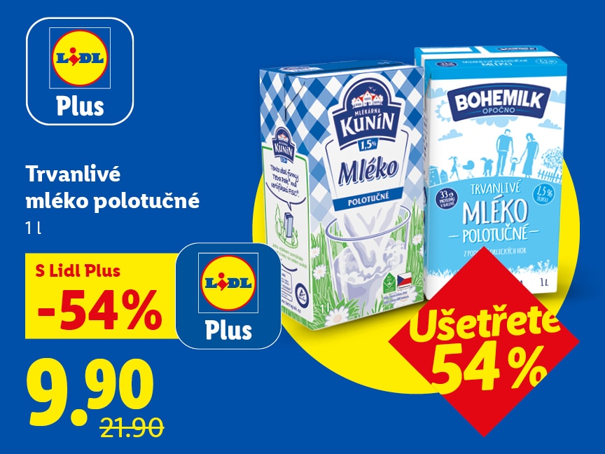 Trvanlivé mléko polotučné s Lidl Plus za 9,90 Kč