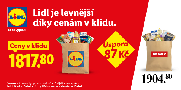 Tento vizuál z reklamní kampaně řetězce Lidl se zaměřuje na srovnání cen celého nákupního košíku, který je zde prezentován v podobě plné papírové tašky. Na levé straně vidíme nákup z pražské prodejny Lidl v ulici Slánská, jehož celková hodnota činí 1 817,80 Kč. Na pravé straně mu sekunduje srovnatelný nákup z prodejny Penny Market v ulicích Makovského a Žalanského s konečnou částkou 1 904,80 Kč. Srovnání obou nákupů proběhlo, stejně jako v případě předchozí reklamy s olejem, dne 15. července 2026.