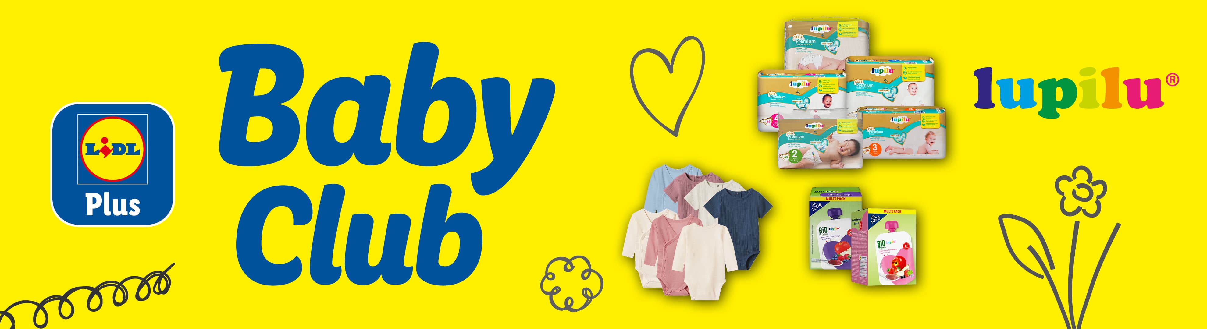 Banner k programu Baby Club v aplikaci Lidl Plus na jasně žlutém pozadí. Vlevo je zobrazeno modré logo „Lidl Plus“ a velký modrý nápis „Baby Club“. Vpravo jsou naskládané produkty značky Lupilu – balení dětských plen, dětské oblečení (body v pastelových barvách) a ovocné kapsičky. Na pozadí jsou jednoduché kresby srdíčka, mráčku, květiny a vlnovky.
