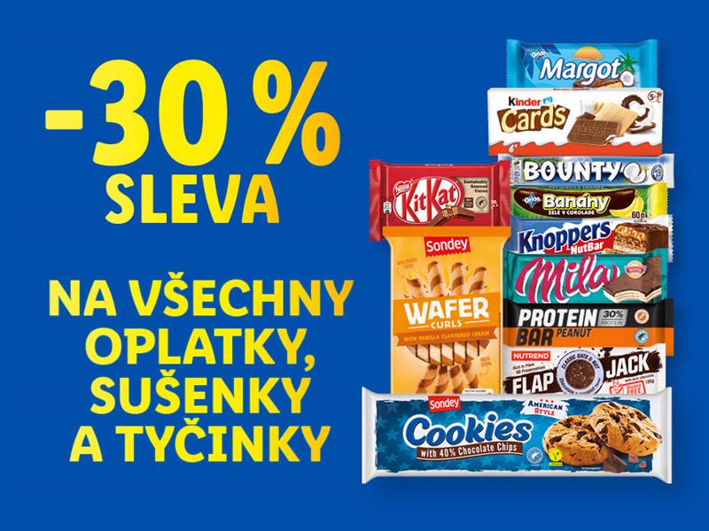 30% sleva na všechny oplatky, sušenky a tyčinky, v pravé části obrázku je ukázka několika produktů této značky. Tato sleva platí pouze s aplikací Lidl Plus.