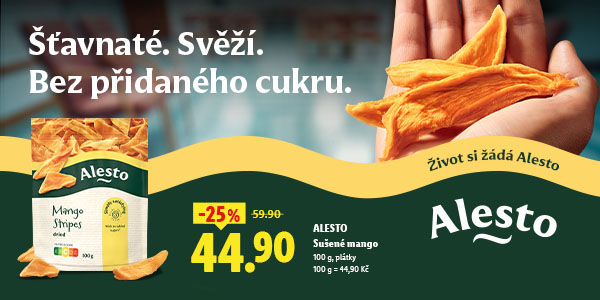Reklamní banner Alesto na sušené mango bez přidaného cukru. Na levé straně je balení Alesto Mango Stripes a vpravo lidská dlaně se šťavnatými plátky manga. Banner uvádí hlavní sdělení „Šťavnaté. Svěží. Bez přidaného cukru.“, slogan „Život si žádá Alesto“ a akční cenu 44,90 Kč za 100 g (sleva 25 % z původních 59,90 Kč).