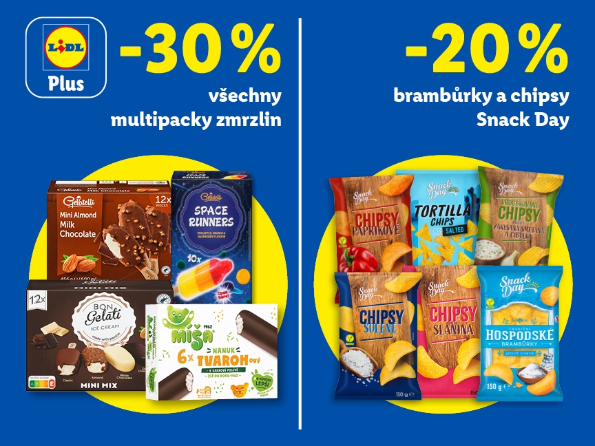 Sleva 30 % na všechny multipacky zmrzlin a sleva 20 % na brambůrky a chipsy Snack Day.