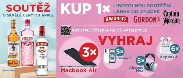 Růžový banner na soutěž o skvělé ceny od Apple. Na obrázku jsou znázorněny lahve a též výherní produkty.