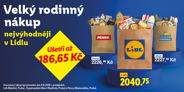 Reklamní banner propagující výhodný rodinný nákup v Lidlu. Vlevo je žlutý kosočtverec s nápisem „Ušetři až 186,65 Kč“ a text „Velký rodinný nákup nejvýhodněji v Lidlu“. Vpravo jsou na stupních vítězů plné nákupní tašky s cenami: Lidl (2040,75 Kč) v popředí, Penny (2226,48 Kč) a Albert (2227,40 Kč) v pozadí. Dole je drobný text o srovnávacím nákupu z 6. 8. 2026 v Praze.