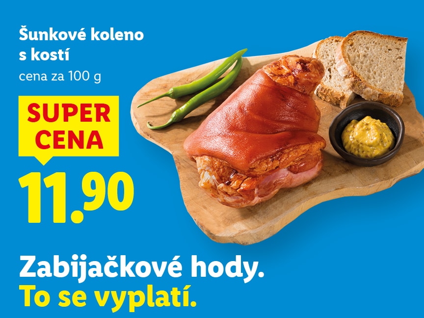 Šunkové koleno s kostí, cena za 100 g za super cenu 11,90 Kč.