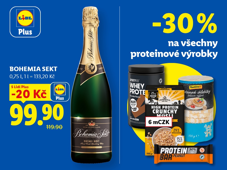 Sleva 20 Kč s Lidl Plus na Bohemia Sekt a 30 % na všechny nechlazené proteinové výrobky od pondělí v Lidlu.