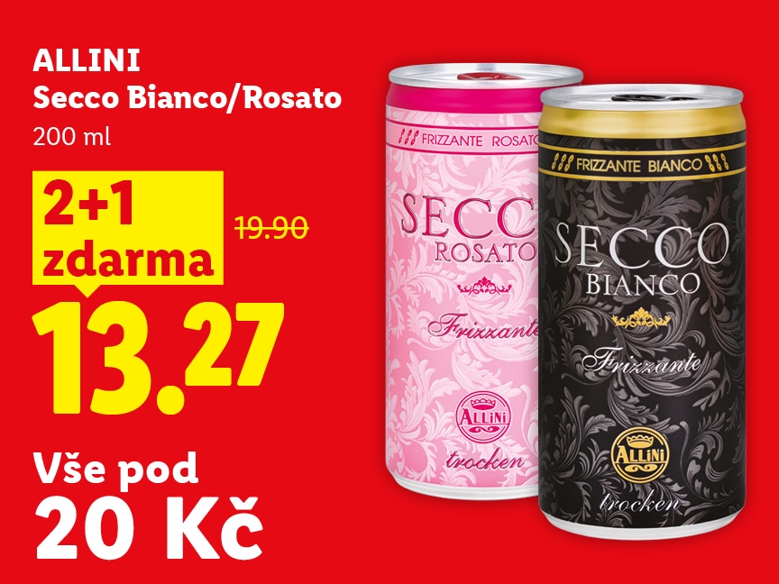 Akční nabídka Allini Secco Bianco/Rosato, 200 ml, akce 2+1 zdarma, cena 13,27 Kč za kus při koupi 3 kusů (běžná cena 19,90 Kč). V prodejnách od 4. 6., sekce Vše pod 20 Kč.