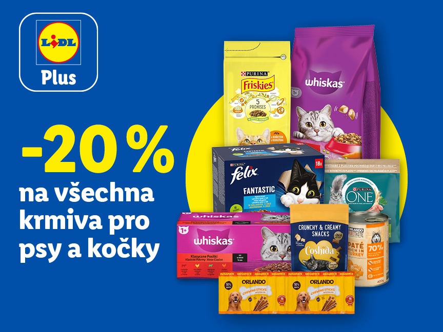 Sleva 20 % na všechna krmiva pro kočky a psi od pondělí v Lidlu.