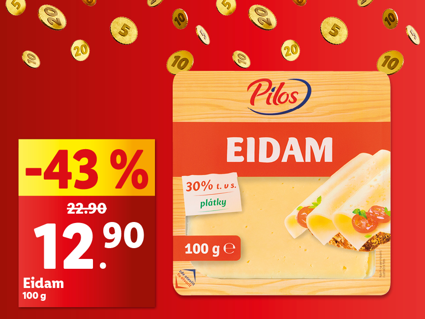 Sleva 43% na 100g Eidam sýru Pilos, toto balení stojí 12,90 Kč.