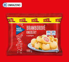 Bramborové knedlíky s uzeným masem za super cenu 79,90 Kč.