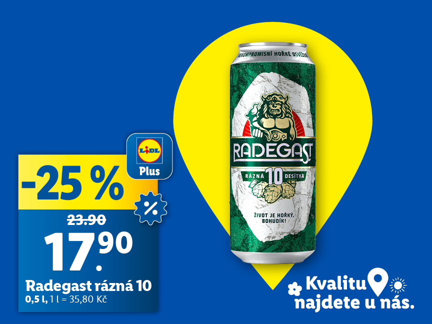 Radegast rázná 10, 0,5 l, cena 17,90 Kč.