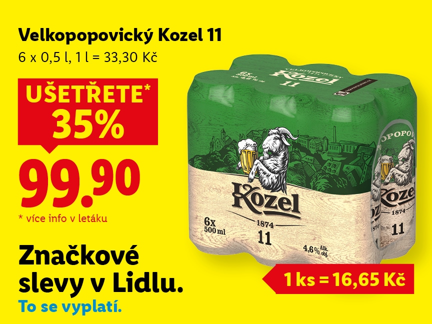 Velkopopovický Kozel 11, 6 x 0,6 l za 99,90 Kč.