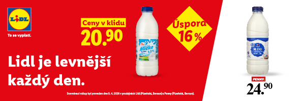 Lidl je levnější každý den -  čerstvé mléko 1,5 % za 20,90 Kč v Lidlu, v Penny za 24,90 Kč.